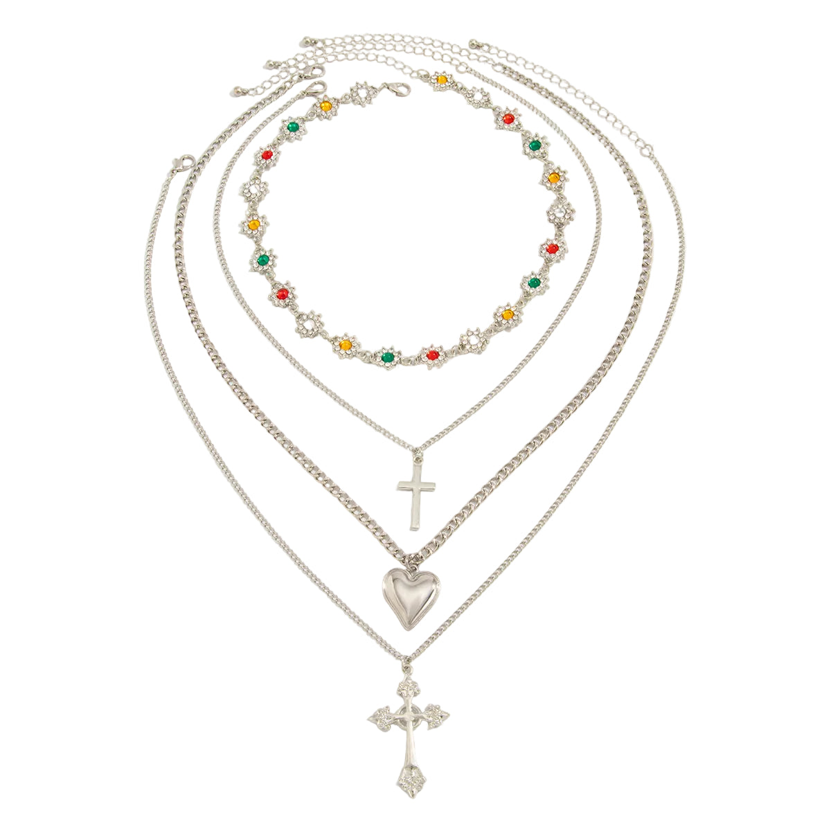 Multi-Colored Cubic Zirconia and Silvertone Flower Station Heart Cross Pendant Necklace Set, silver pendant..., front view