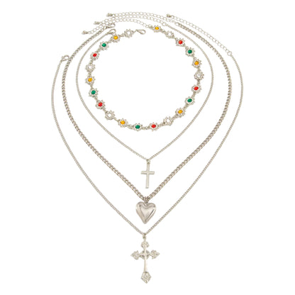 Multi-Colored Cubic Zirconia and Silvertone Flower Station Heart Cross Pendant Necklace Set, silver pendant..., front view