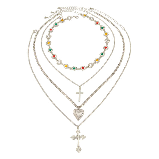 Multi-Colored Cubic Zirconia and Silvertone Flower Station Heart Cross Pendant Necklace Set, silver pendant..., front view