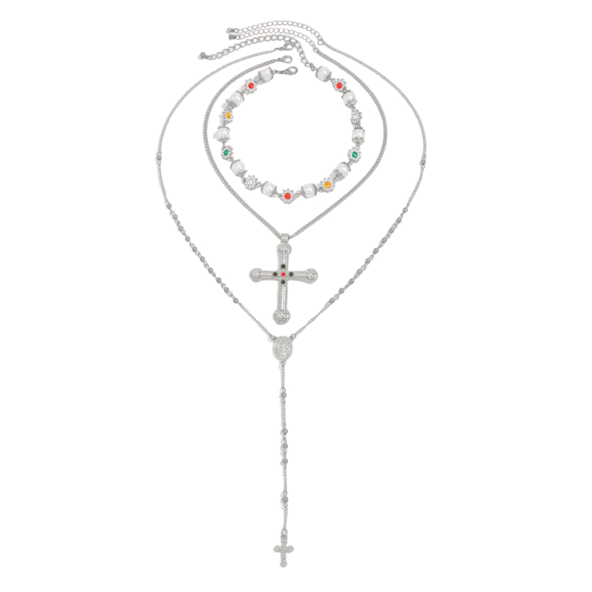 Pearl and Cubic Zirconia Silvertone Flower Station Cross Pendant Necklace Set, silver pendant necklace for women, front view