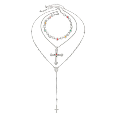 Pearl and Cubic Zirconia Silvertone Flower Station Cross Pendant Necklace Set, silver pendant necklace for women, front view