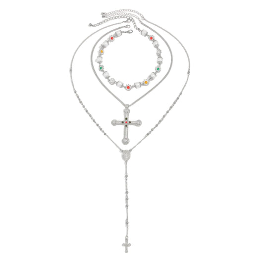 Pearl and Cubic Zirconia Silvertone Flower Station Cross Pendant Necklace Set, silver pendant necklace for women, front view