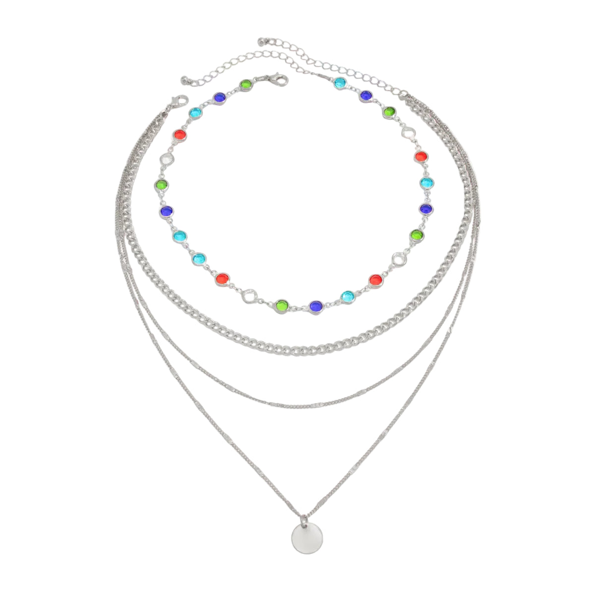 Multi-Colored Crystal and Silvertone Circular Pendant Layered Necklace Set, silver pendant necklace for women, front view