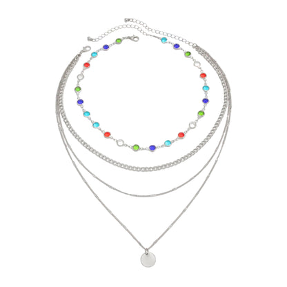 Multi-Colored Crystal and Silvertone Circular Pendant Layered Necklace Set, silver pendant necklace for women, front view