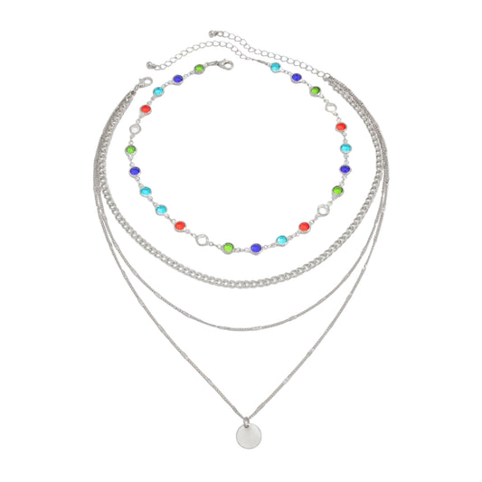 Multi-Colored Crystal and Silvertone Circular Pendant Layered Necklace Set, silver pendant necklace for women, front view