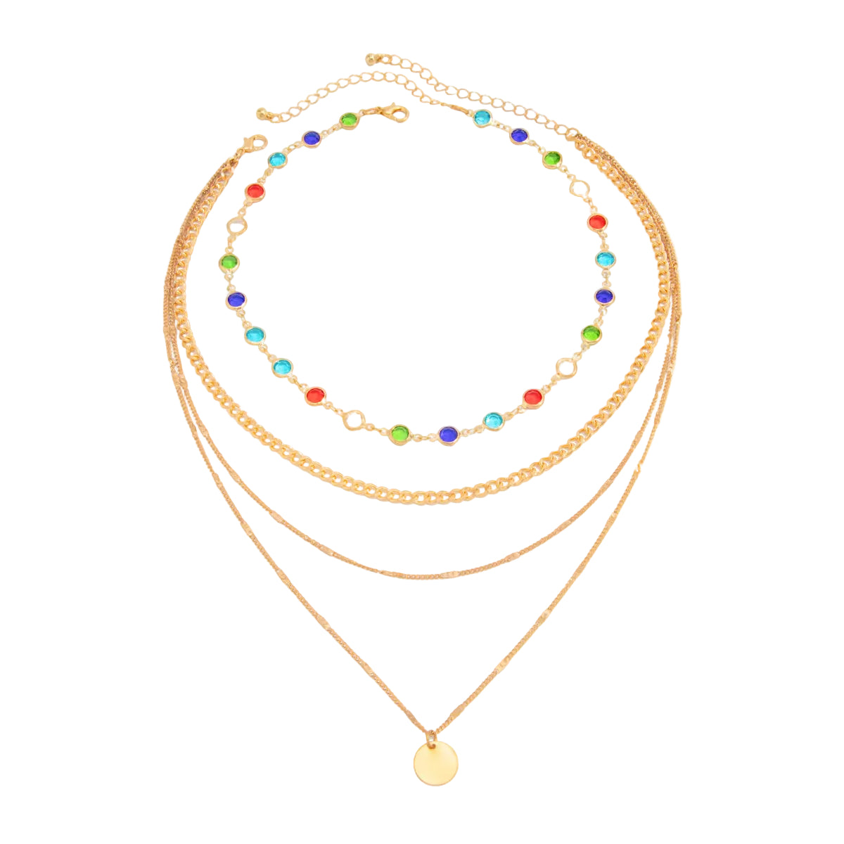 Multi-Colored Crystal and Goldtone Circular Pendant Layered Necklace Set, gold pendant necklace for women, front view