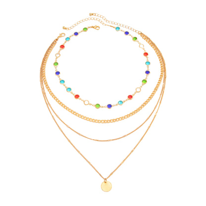 Multi-Colored Crystal and Goldtone Circular Pendant Layered Necklace Set, gold pendant necklace for women, front view