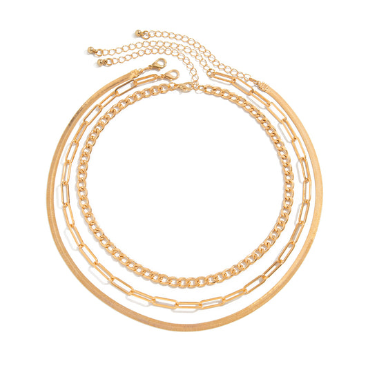 Goldtone Cuban Paperclip Snake Chain Necklace Set, gold pendant necklace for women, dainty minimalist design, front view