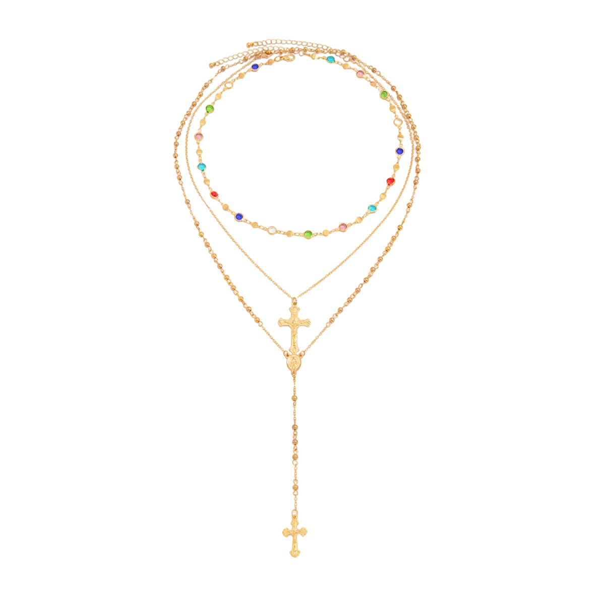 Multi-Colored Crystal and Goldtone Beads Chain Cross Drop Necklace Set, gold pendant necklace for women, front view