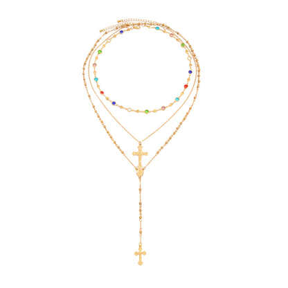 Multi-Colored Crystal and Goldtone Beads Chain Cross Drop Necklace Set, gold pendant necklace for women, front view