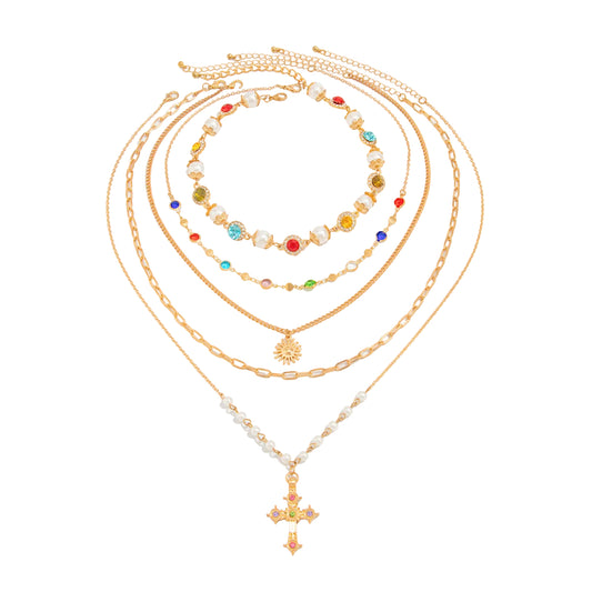 Multi-Colored Crystal and Cubic Zirconia Pearl Goldtone Sun Cross Pendant Necklace Set, gold pendant necklace..., front view
