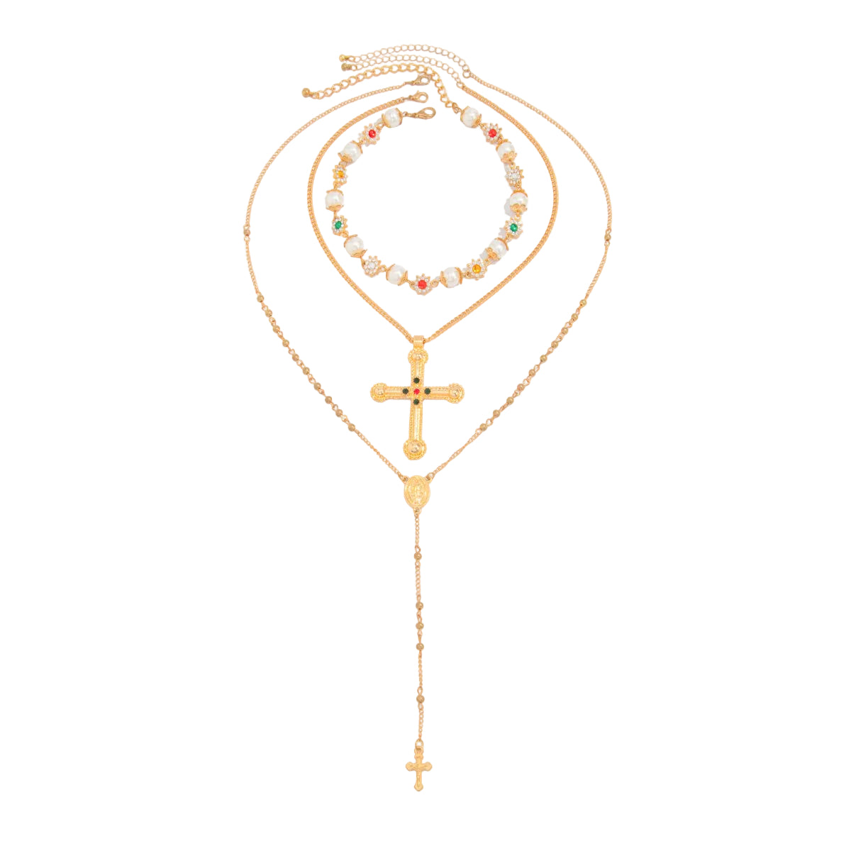 Pearl and Cubic Zirconia Goldtone Flower Station Cross Pendant Necklace Set, gold pendant necklace for women, front view
