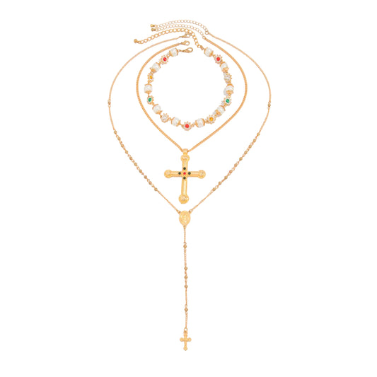 Pearl and Cubic Zirconia Goldtone Flower Station Cross Pendant Necklace Set, gold pendant necklace for women, front view