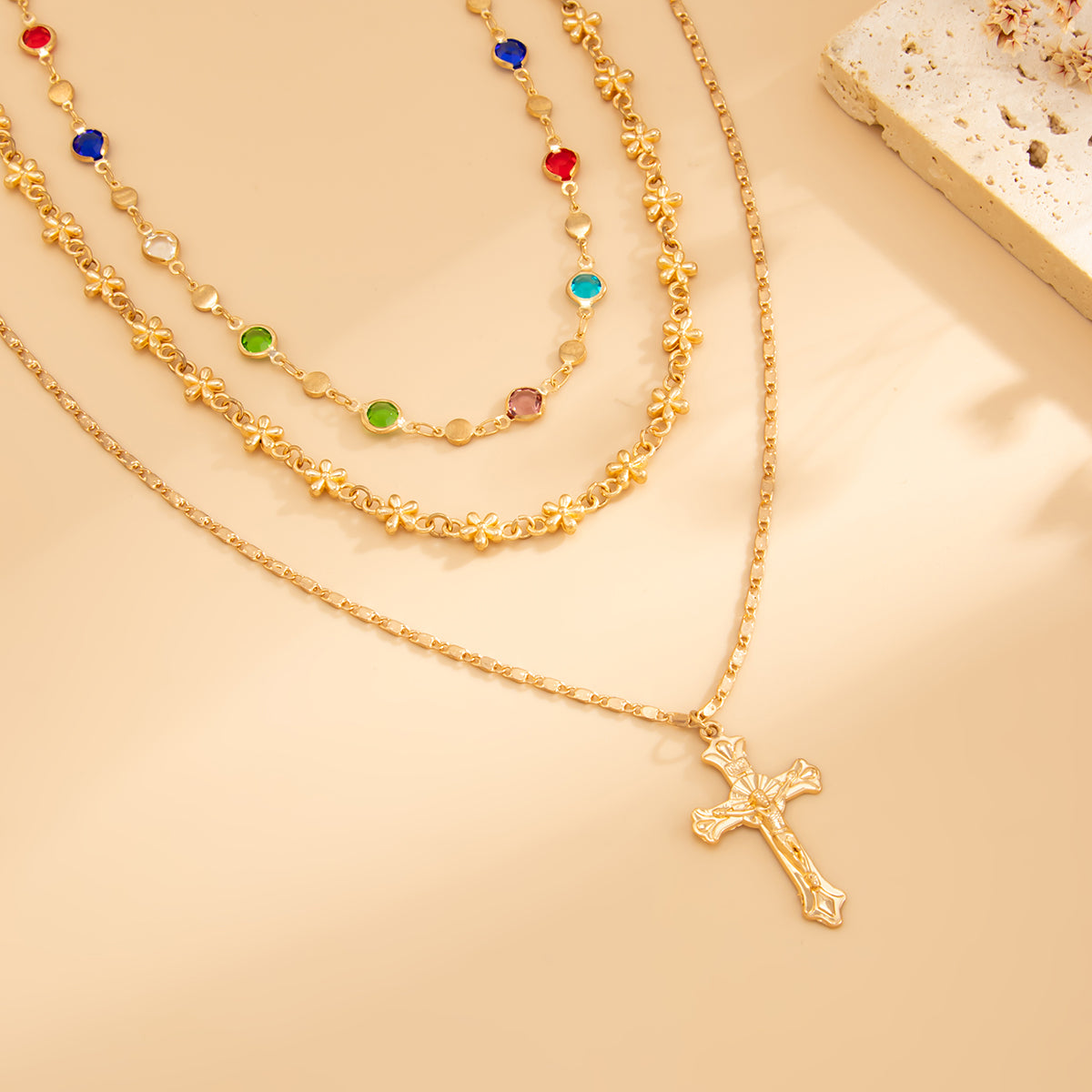 Multi-Colored Crystal and Goldtone Station Chain Cross Pendant Necklace Set, gold pendant necklace for women, side view