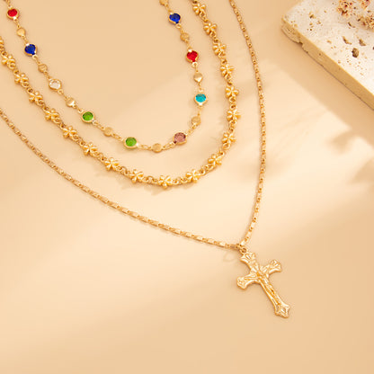 Multi-Colored Crystal and Goldtone Station Chain Cross Pendant Necklace Set, gold pendant necklace for women, side view