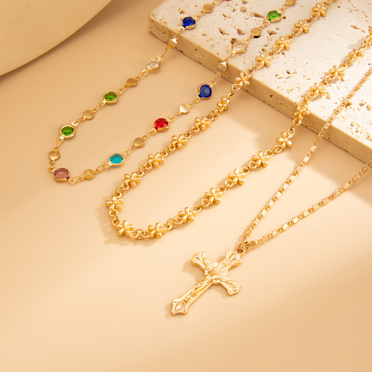 Multi-Colored Crystal and Goldtone Station Chain Cross Pendant Necklace Set, gold pendant necklace for women, detail close-up