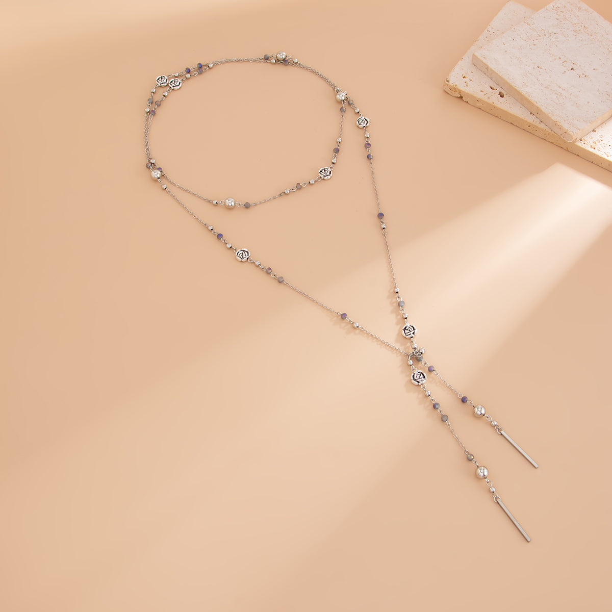 Acrylic and Silvertone Bead Rose Station Long Necklace, everyday style, side view