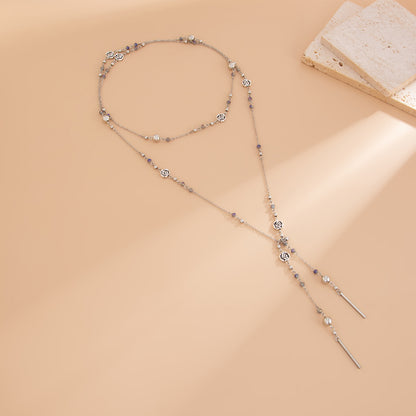 Acrylic and Silvertone Bead Rose Station Long Necklace, everyday style, side view