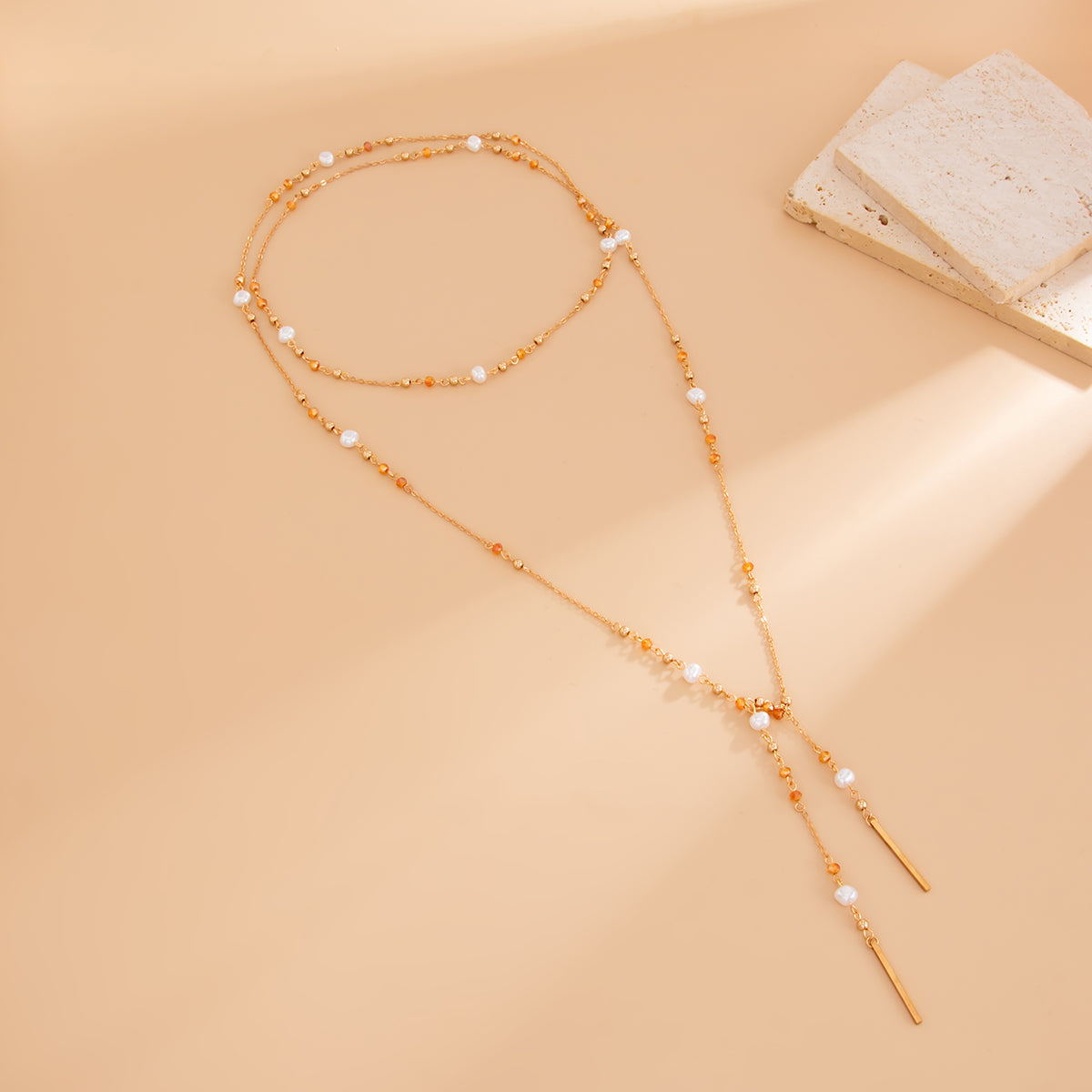 Pearl and Goldtone Beaded Chain Bar Long Necklace, dainty minimalist design, side view