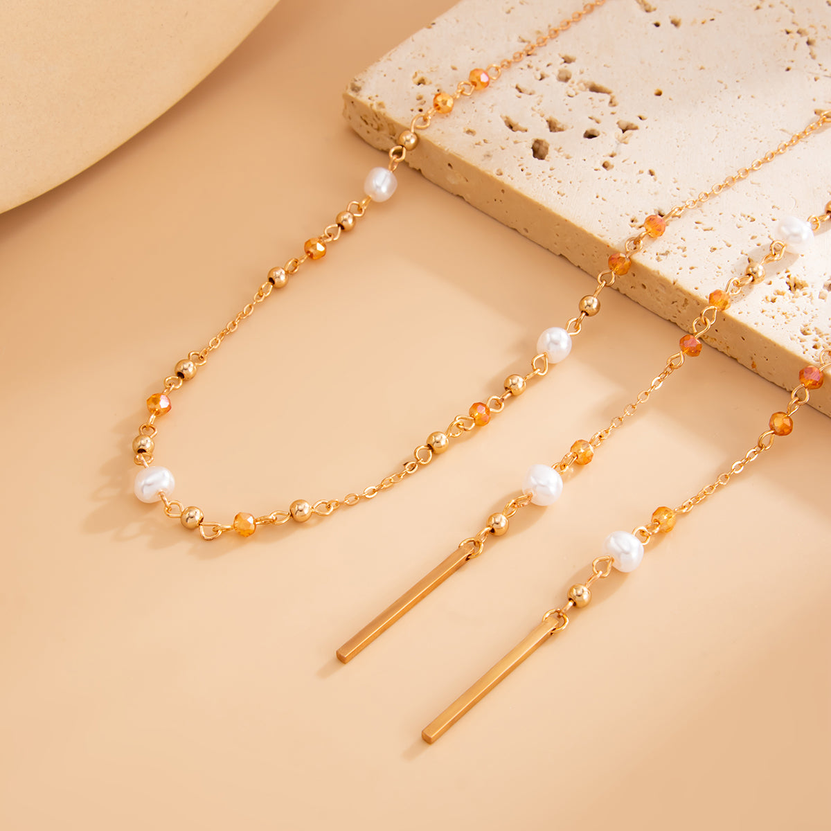 Pearl and Goldtone Beaded Chain Bar Long Necklace, dainty minimalist design, detail close-up