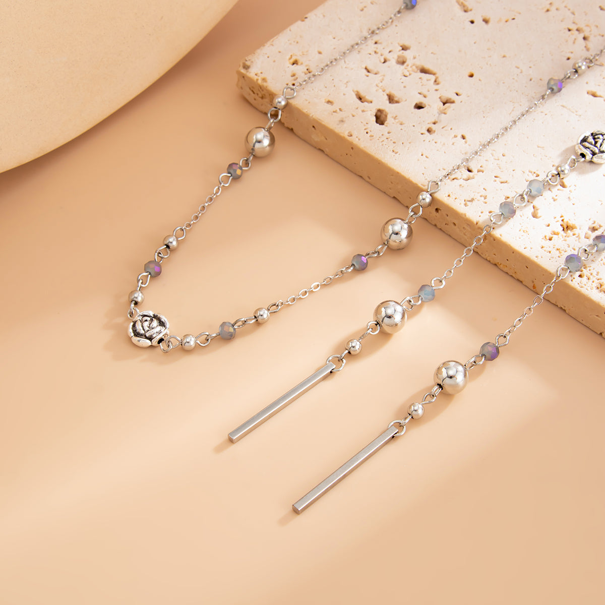 Acrylic and Silvertone Bead Rose Station Long Necklace, everyday style, detail close-up