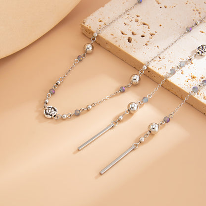 Acrylic and Silvertone Bead Rose Station Long Necklace, everyday style, detail close-up