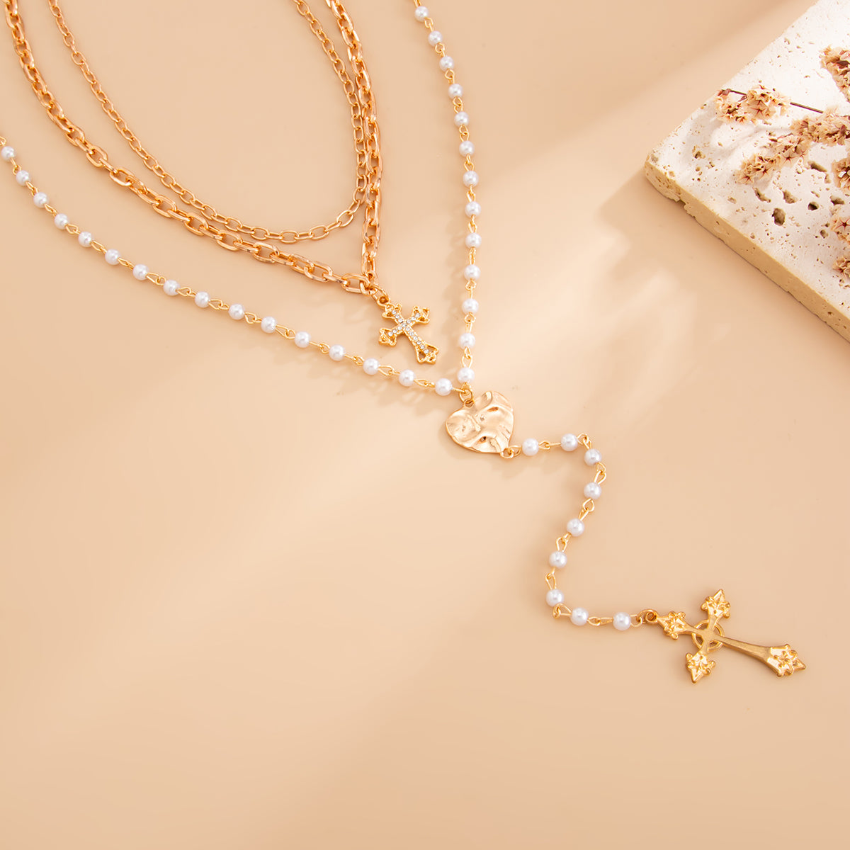 Pearl & Cubic Zirconia Goldtone Hammered Heart Cross Drop Necklace Set
