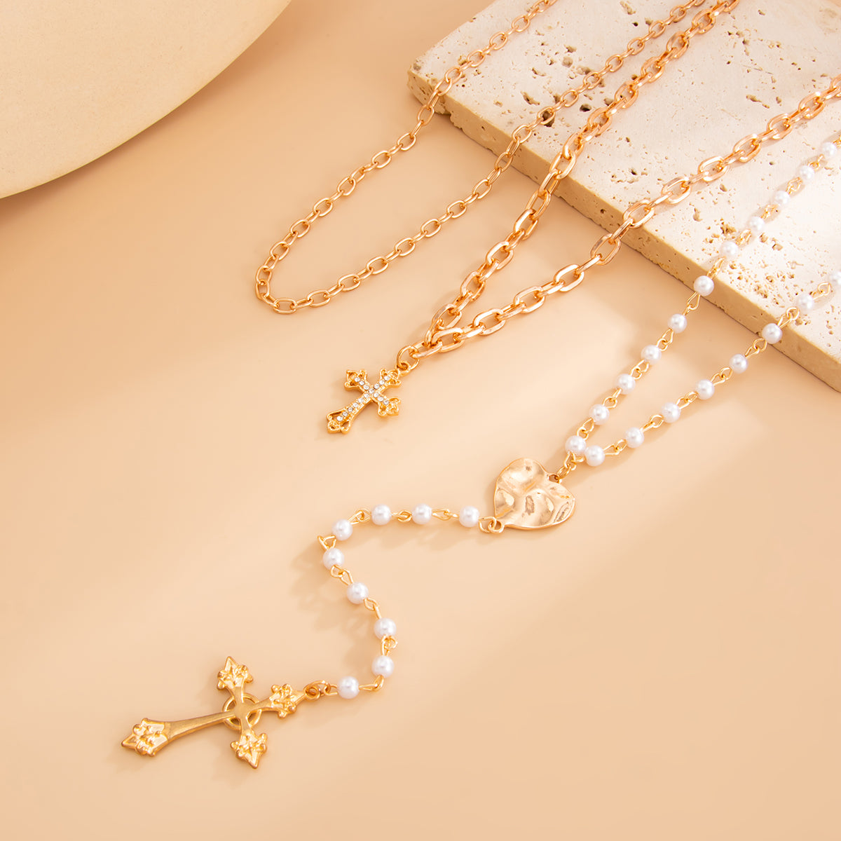Pearl & Cubic Zirconia Goldtone Hammered Heart Cross Drop Necklace Set