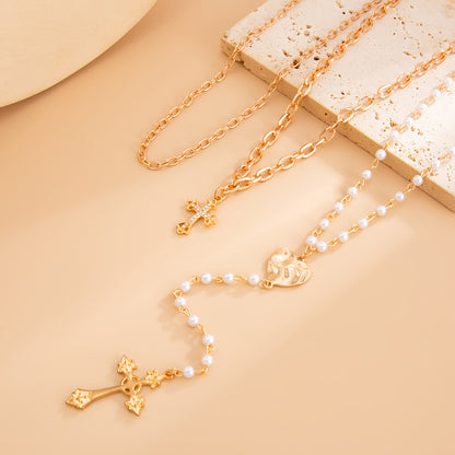 Pearl & Cubic Zirconia Goldtone Hammered Heart Cross Drop Necklace Set