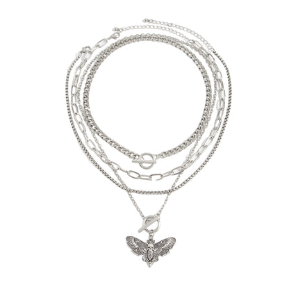 Silvertone Moth Pendant Toggle Necklace Set