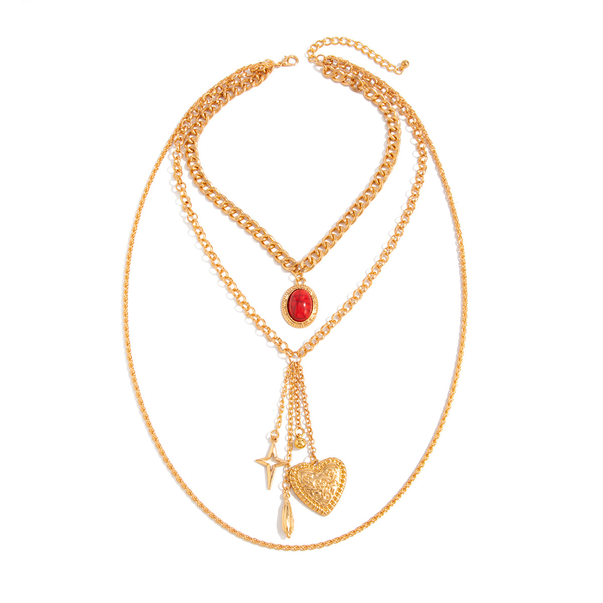 Red Resin and Goldtone Oval Star Heart Pendant Layered Necklace, botanical inspired, front view