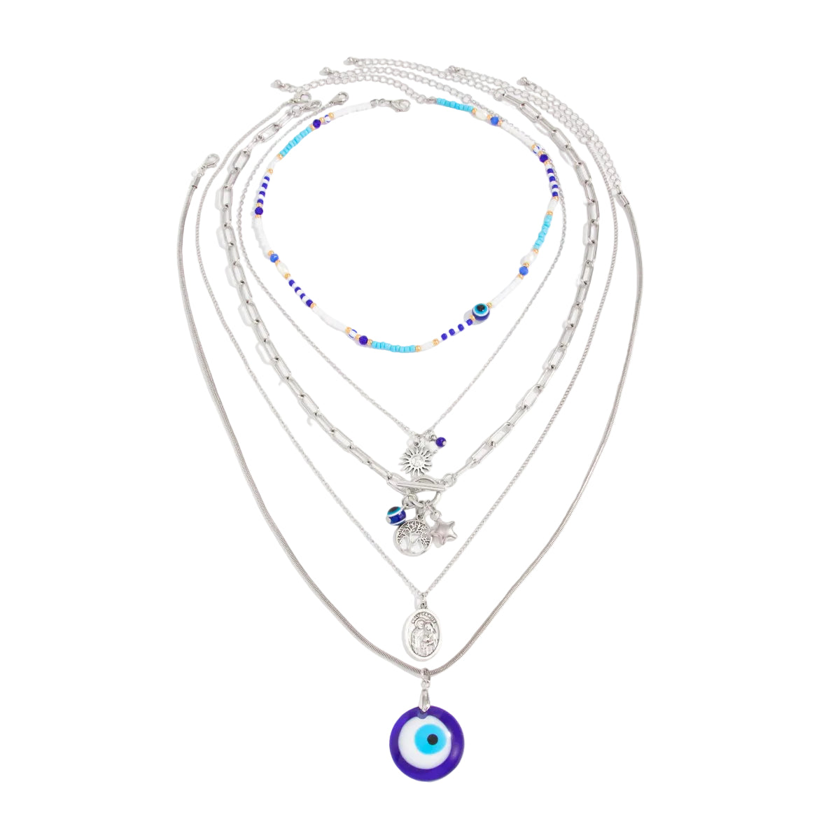 Blue Acylic & Howlite Silvertone Celestial Eye Pendant Necklace Set