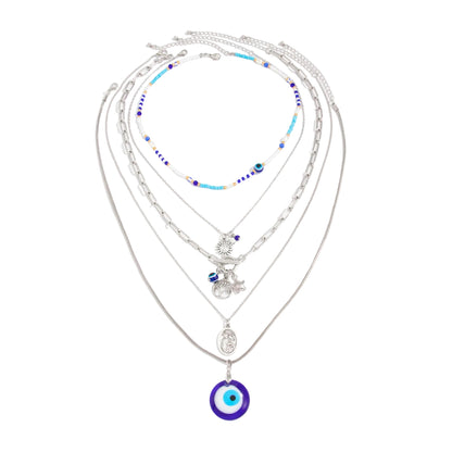 Blue Acylic & Howlite Silvertone Celestial Eye Pendant Necklace Set