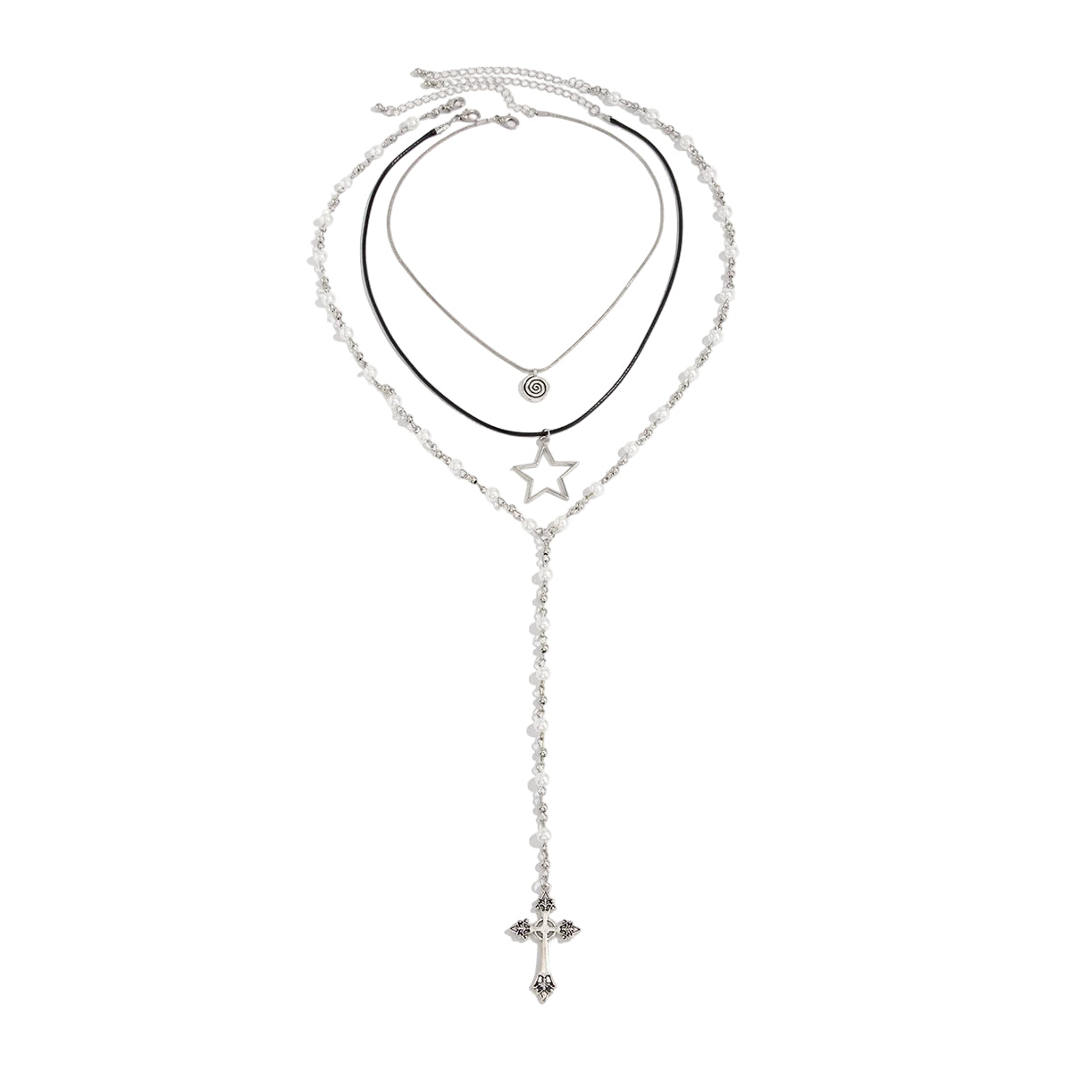 Black Polyster & Enamel Pearl Silvertone Star Cross Drop Necklace Set