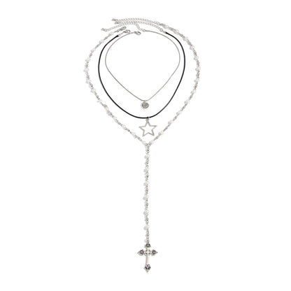 Black Polyster & Enamel Pearl Silvertone Star Cross Drop Necklace Set
