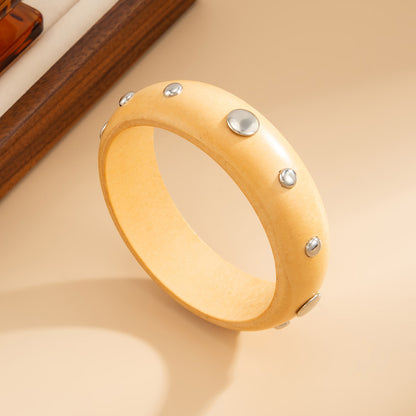 Yellow Wood and Silvertone Spot Station Bangle, silver bangle bracelet, everyday style, detail close-up