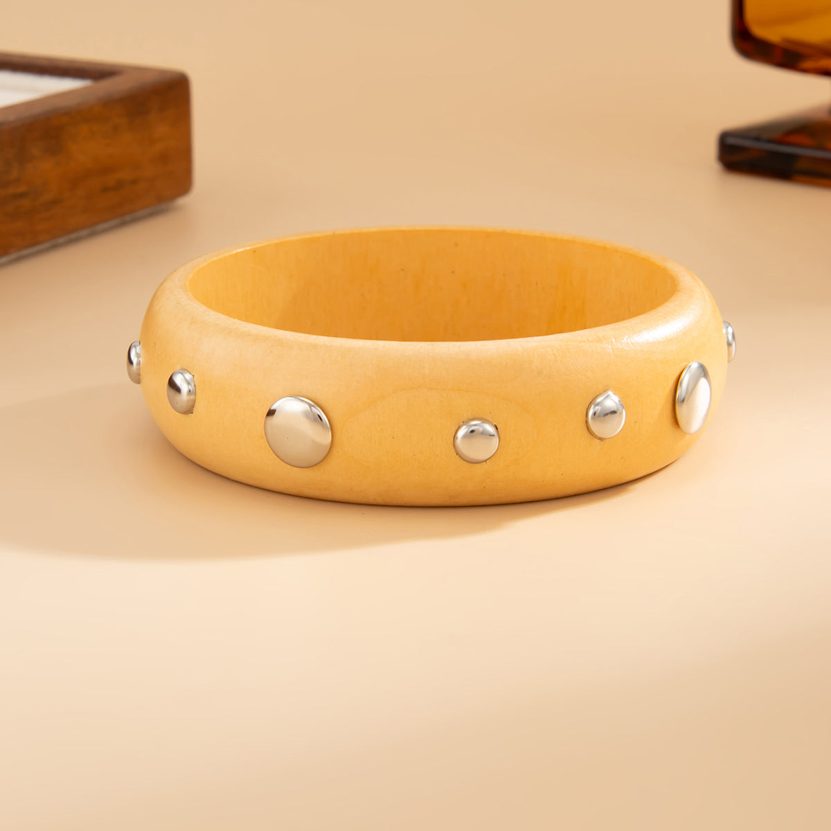 Yellow Wood and Silvertone Spot Station Bangle, silver bangle bracelet, everyday style, lifestyle look