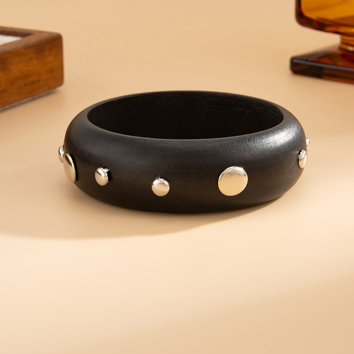 Black Wood and Silvertone Spot Station Bangle, silver bangle bracelet, botanical inspired, lifestyle look