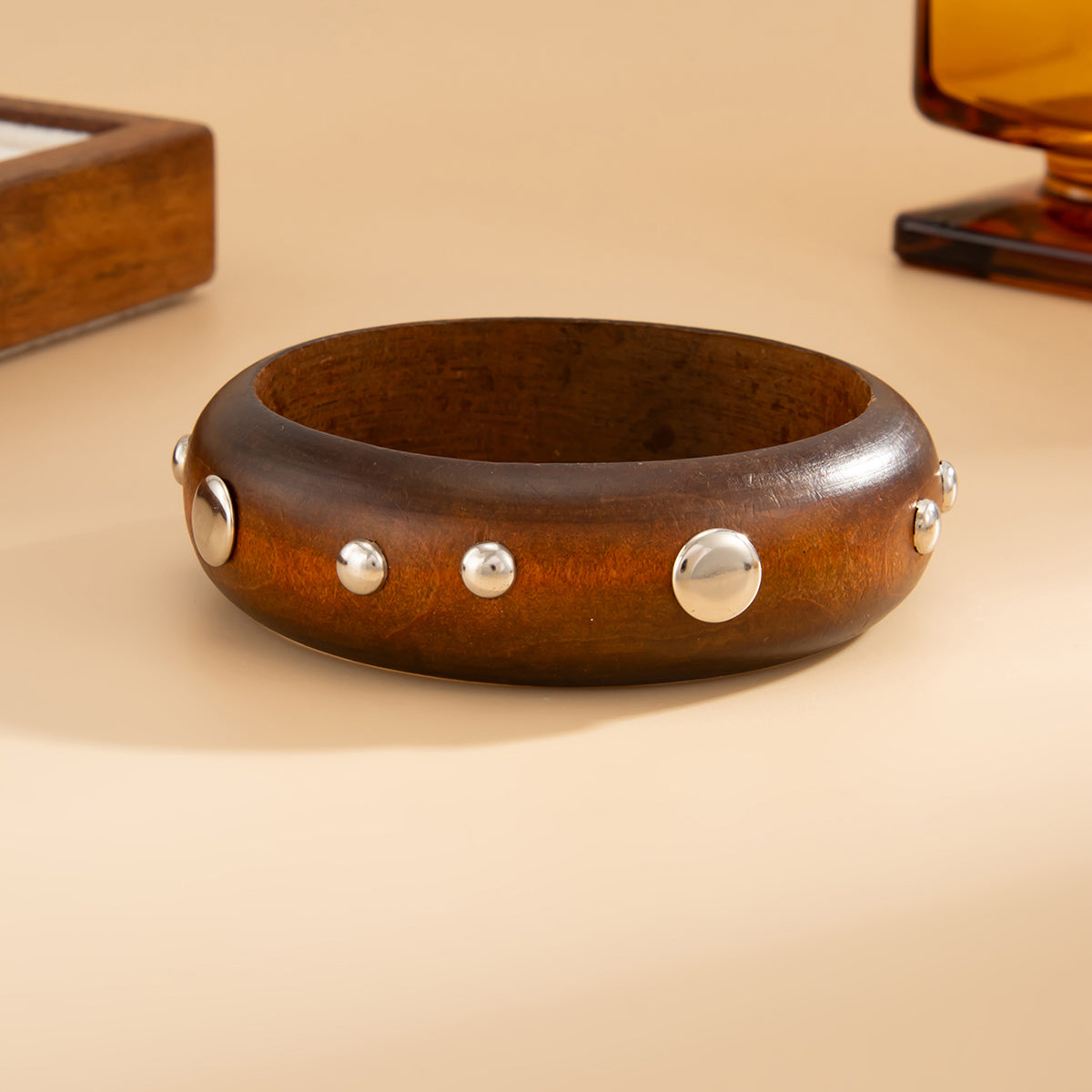 Brown Wood and Silvertone Spot Station Bangle, silver bangle bracelet, botanical inspired, lifestyle look