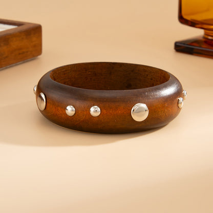 Brown Wood and Silvertone Spot Station Bangle, silver bangle bracelet, botanical inspired, lifestyle look