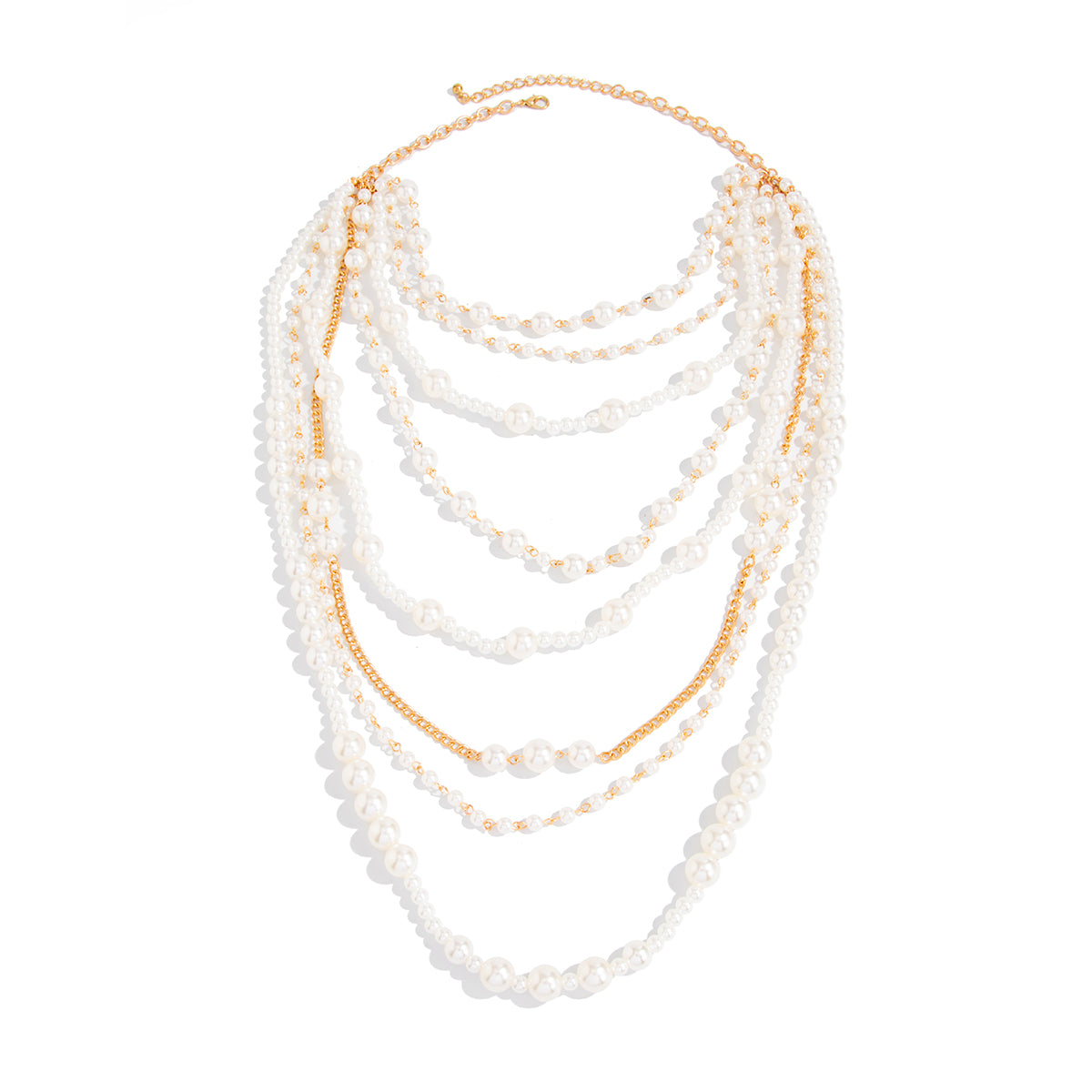 Pearl and Goldtone Multi-Strand Statement Necklace, dainty minimalist design, front view