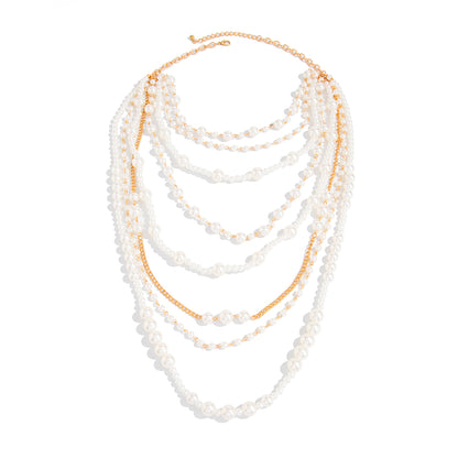 Pearl and Goldtone Multi-Strand Statement Necklace, dainty minimalist design, front view