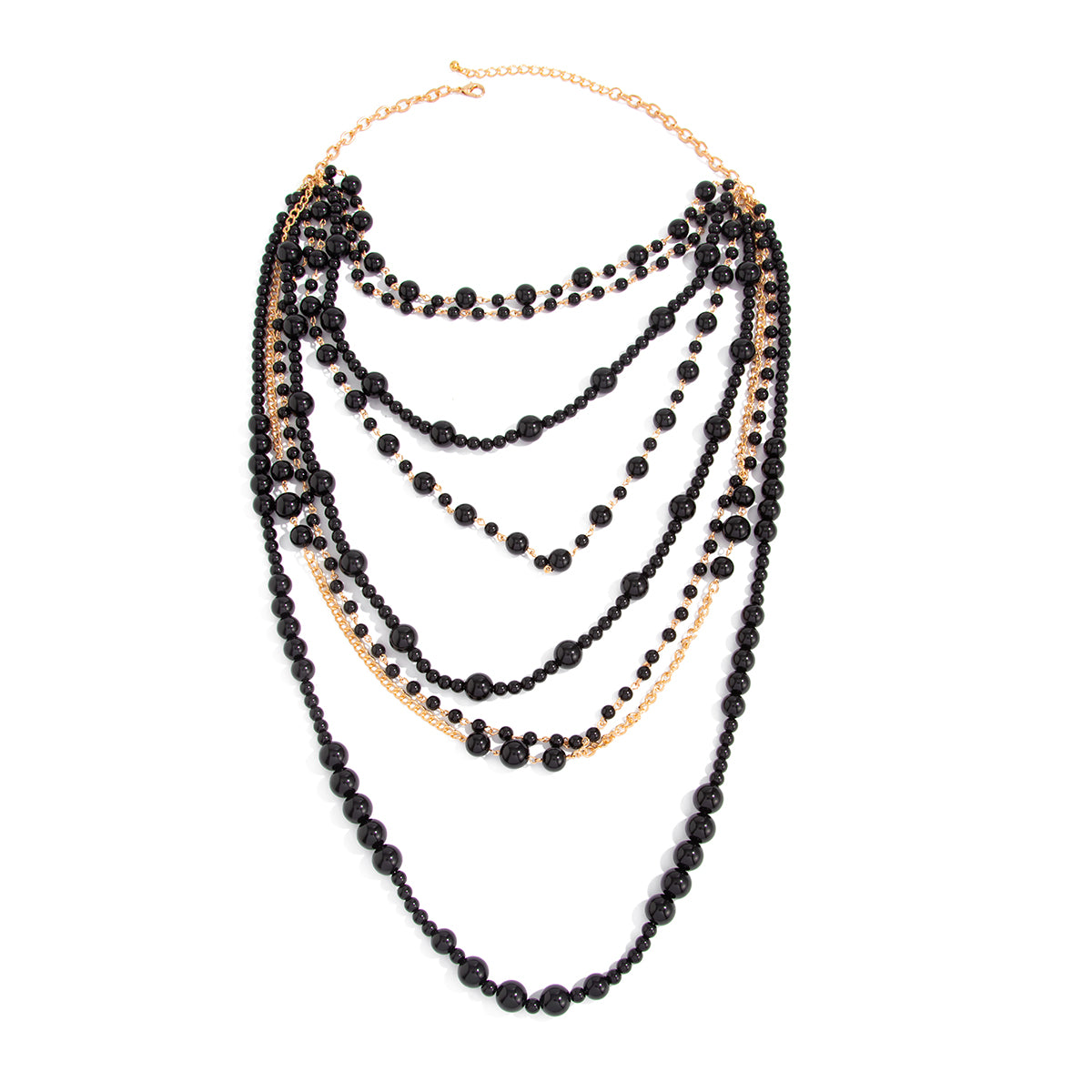 Black Resin and Goldtone Multi-Strand Statement Necklace, botanical inspired, front view