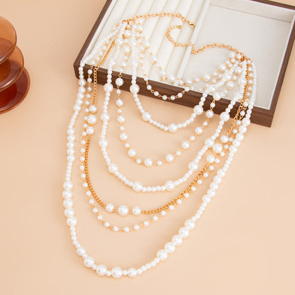 Pearl and Goldtone Multi-Strand Statement Necklace, dainty minimalist design, side view