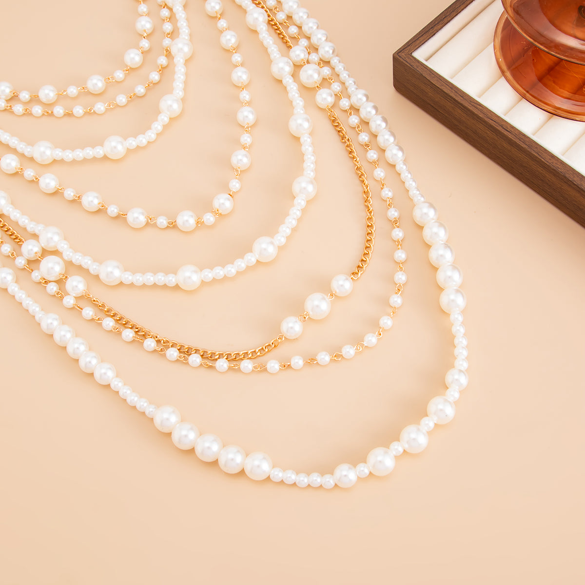 Pearl and Goldtone Multi-Strand Statement Necklace, dainty minimalist design, detail close-up