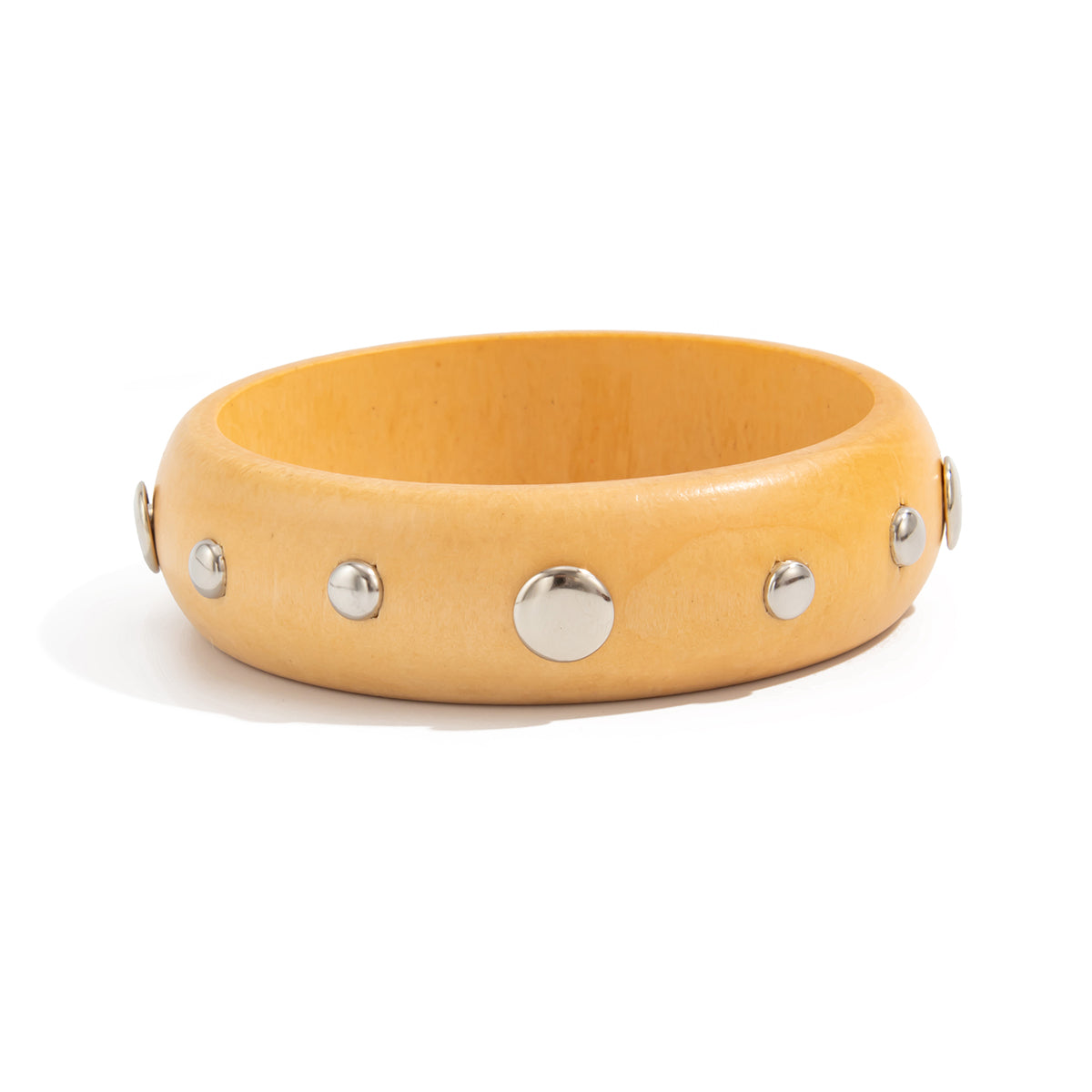 Yellow Wood and Silvertone Spot Station Bangle, silver bangle bracelet, everyday style, front view