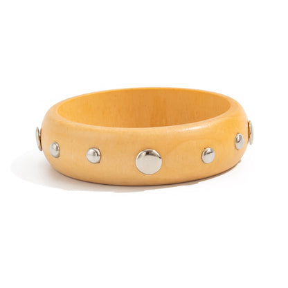 Yellow Wood and Silvertone Spot Station Bangle, silver bangle bracelet, everyday style, front view