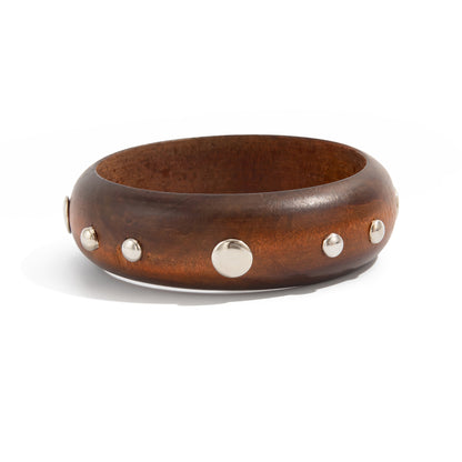 Brown Wood and Silvertone Spot Station Bangle, silver bangle bracelet, botanical inspired, front view