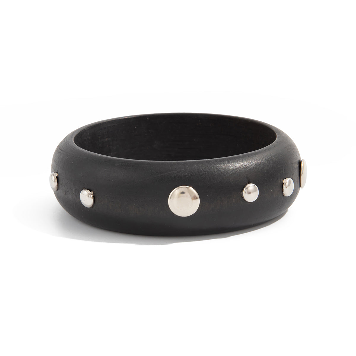 Black Wood and Silvertone Spot Station Bangle, silver bangle bracelet, botanical inspired, front view