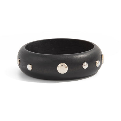 Black Wood and Silvertone Spot Station Bangle, silver bangle bracelet, botanical inspired, front view